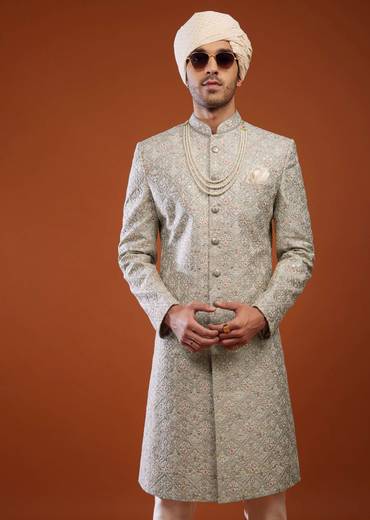 Silver Grey Sherwani Set In Tussar Silk