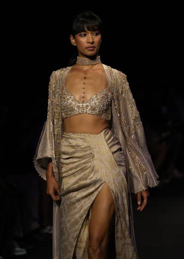 Silver Platinum Tissue Hand Embroidered Jacket And Draped Skirt Suit