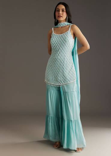 Sky Blue Chinon Sharara Suit Set With Choker Style Dupatta