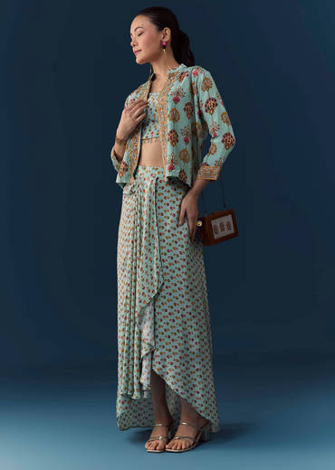 Sky Blue Floral Print Crop Top Skirt Set with Sequins Work Jacket