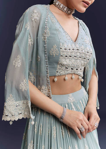 Sky Blue Georgette Bridesmaid Lehenga With Sequins And Thread Embroidery