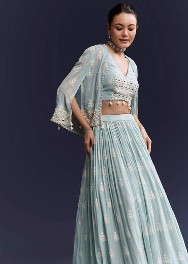 Sky Blue Georgette Bridesmaid Lehenga With Sequins And Thread Embroidery