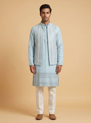 Sky Blue Layered Jacket Kurta Set