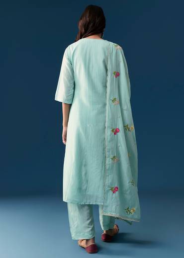 Sky Blue Pakistani Style Kurta Set With Dupatta And Thread Resham Work