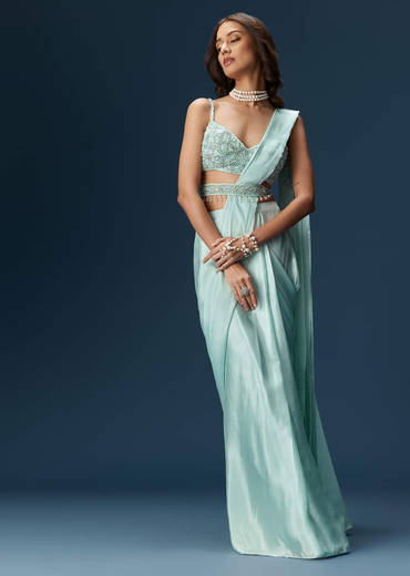 Sky Blue Ready Pleated Saree With Blouse And Belt