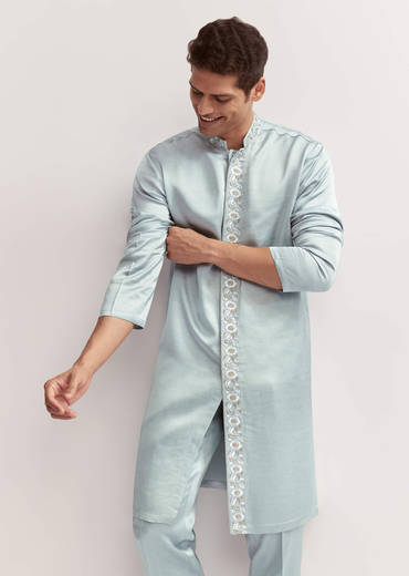 Sky Blue Satin Blend Kurta Set For Men With Zardosi Hand Embroidery
