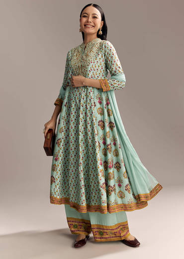 Sky Blue Silk Anarkali Suit With Boho Multi Print