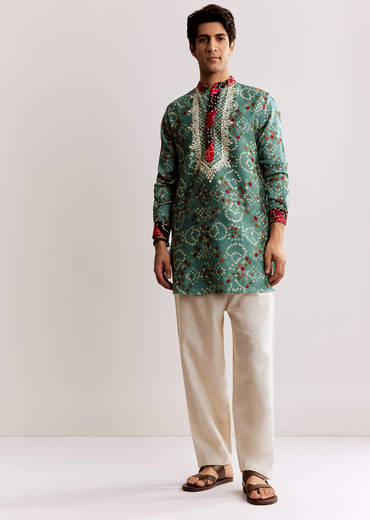 Sky Blue Silk Kurta Set With Bandhani Print