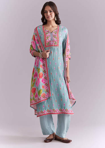 Sky Blue Silk Kurta Set With Ikat Style Print