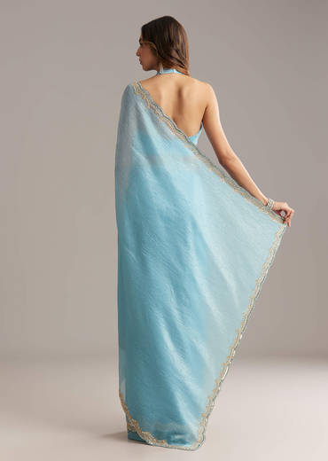 Sky Blue Tissue Saree With Scallop Border Embroidery