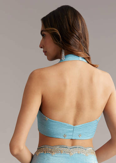 Sky Blue Tissue Saree With Scallop Border Embroidery