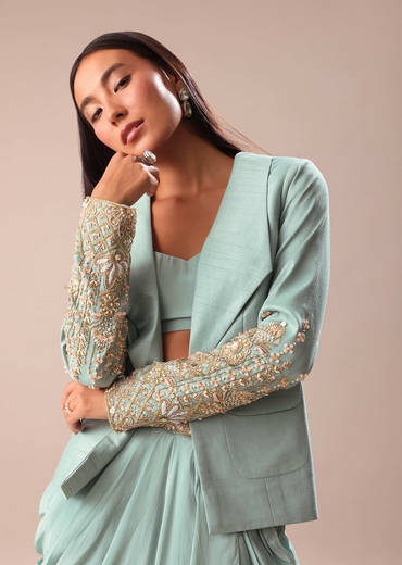 Sky Blue Draped Skirt With Embroidered Blouse And Jacket