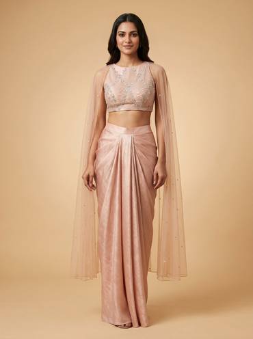 Soft Peach Georgette Drape Skirt Set