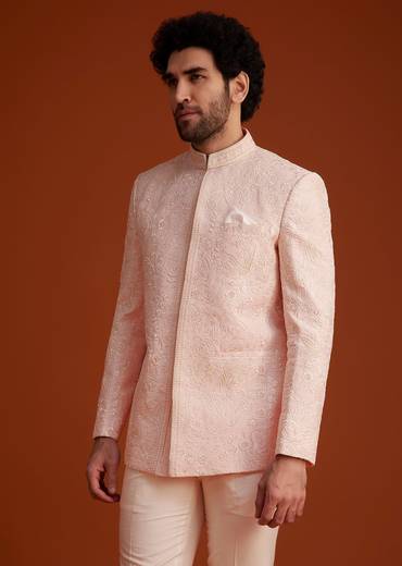 Soft Pink Embroidered Bandhgala Suit