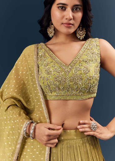 Solid Green Banarasi Silk Bridesmaid Lehenga With Intricate Hand Embroidery