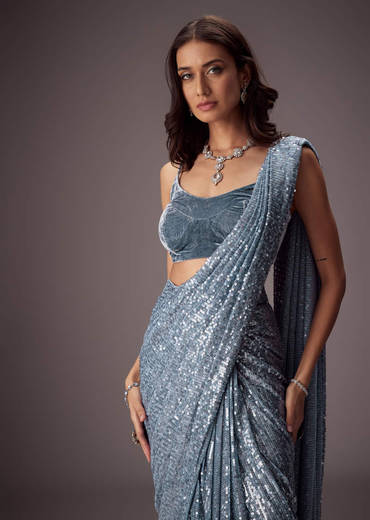 Steel Blue Sequin Saree Paired With A Plush Velvet blouse