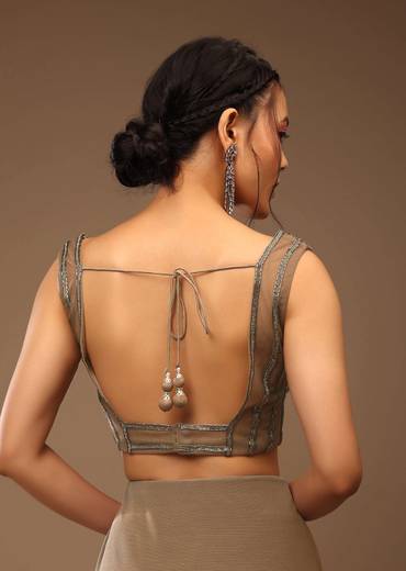 Taupe Grey Ready To Wear Saree With A Crop Top In Foil Applique Embellishment Sleeveless With A Tie-Up Tassel Dori At The Back.