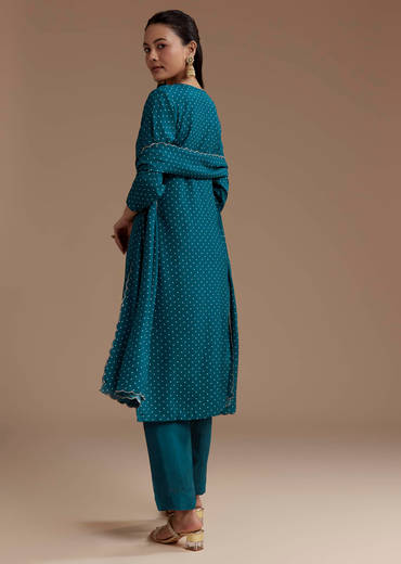 Teal Bandhani Print Silk Kurta Set with Zari Work