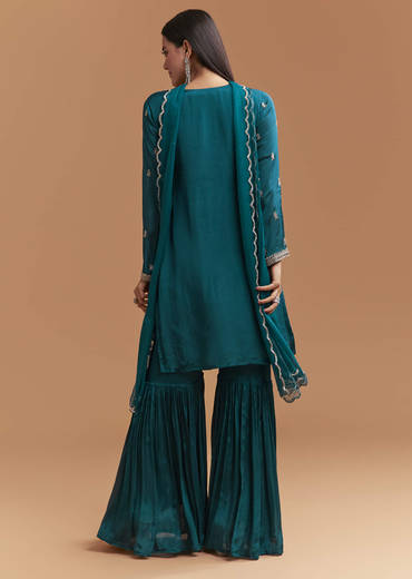 Teal Blue Chinon Sharara Suit With Sequins And Cutdana Work