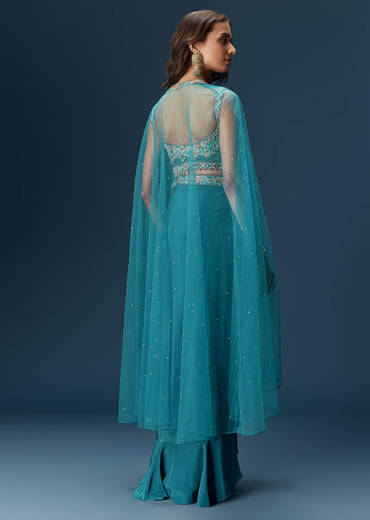 Teal Blue Dhoti Skirt Set With Embroidered Blouse And Net Dupatta