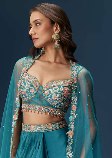 Teal Blue Dhoti Skirt Set With Embroidered Blouse And Net Dupatta