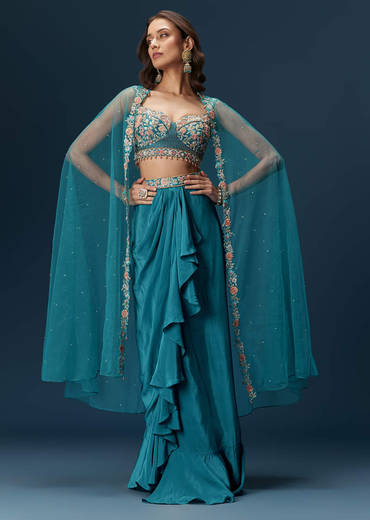 Teal Blue Dhoti Skirt Set With Embroidered Blouse And Net Dupatta