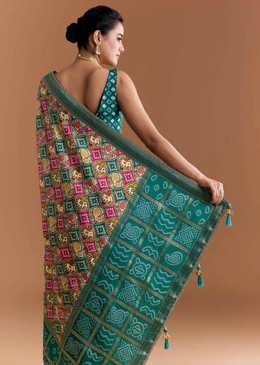 Teal Blue Dola Silk Saree With Bandhani And Zari Work