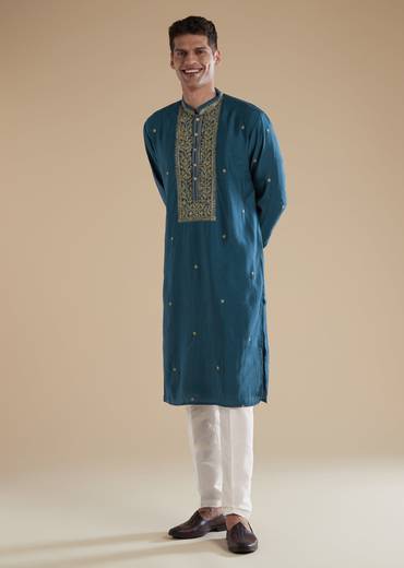 Teal Blue Kurta Set With Thread And Resham Detail