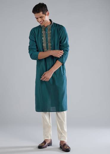 Teal Blue Kurta Set With Thread Resham And French Knot Detailing