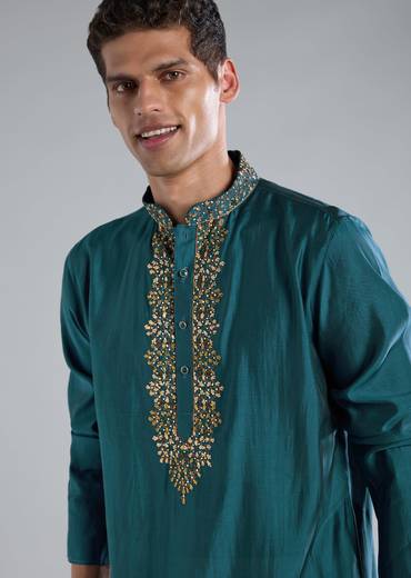 Teal Blue Kurta Set With Thread Resham And French Knot Detailing