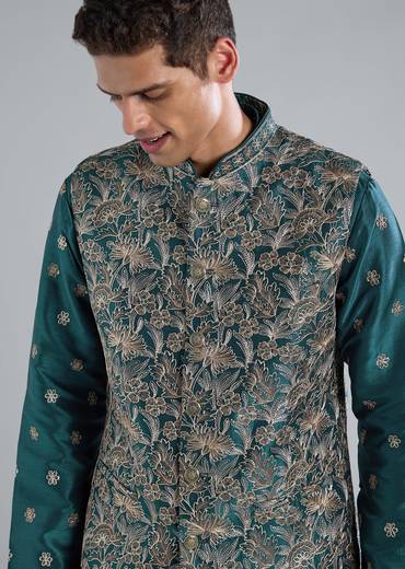 Teal Blue Printed Kurta Jacket Set With Resham Detailing