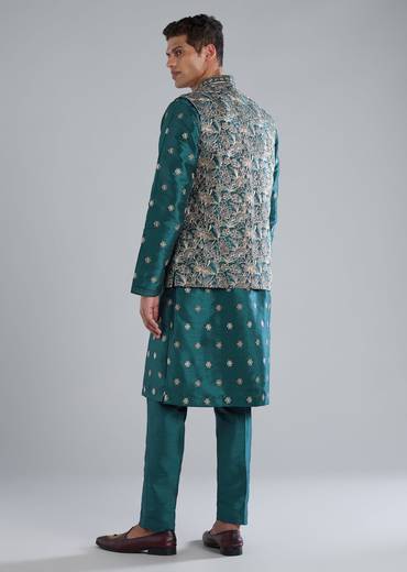 Teal Blue Printed Kurta Jacket Set With Resham Detailing