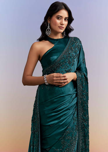 Teal Blue Satin Chinon Saree With Heavy Hand Embroidery