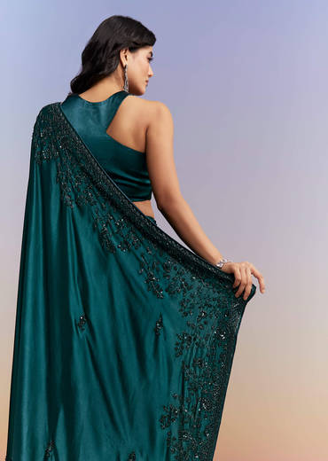 Teal Blue Satin Chinon Saree With Heavy Hand Embroidery