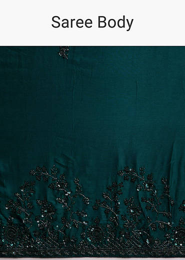 Teal Blue Satin Chinon Saree With Heavy Hand Embroidery