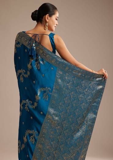 Teal Blue Satin Saree With Zari Woven Work