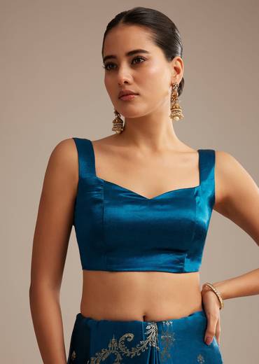 Teal Blue Satin Saree With Zari Woven Work