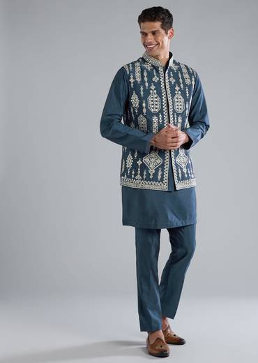 Teal Blue Silk Kurta Jacket Set With Thread Resham Zari Work