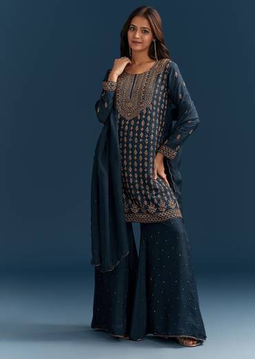 Teal Blue Silk Palazzo Suit With Cut Dana Work And Dupatta