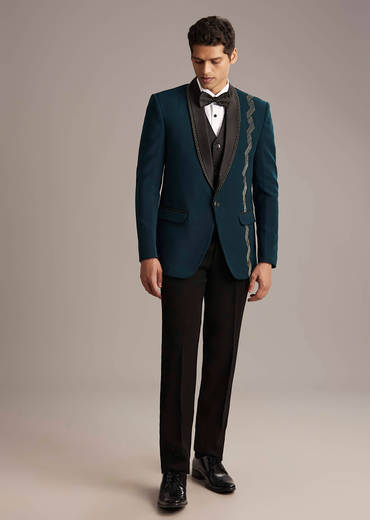 Teal Blue Tuxedo For Men With Cutdana Embroidery