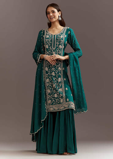 Teal Green Cutdana And Sequins Kurta Sharara With Dupatta