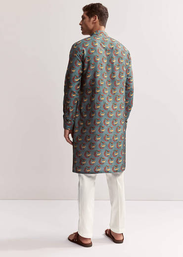 Teal Green Silk Printed Kurta For Men