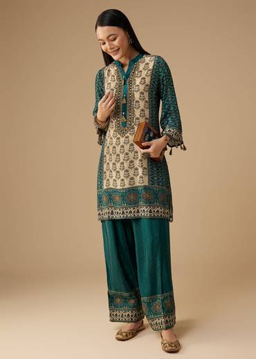 Teal Indie Printed Crepe Kurta Pant Set
