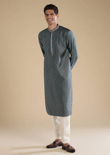 Teal Jacquard Self Work Mens Kurta Set