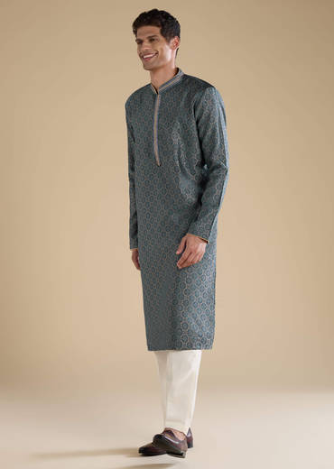 Teal Jacquard Self Work Mens Kurta Set