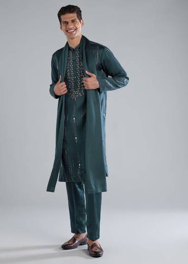 Teal Kurta Set With Hand Embroidery And Cutdana Details