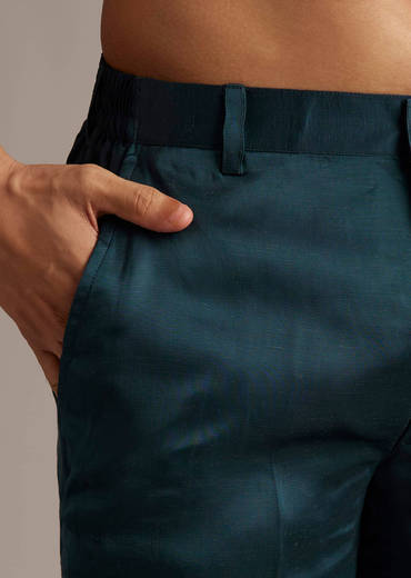 Teal Linen Kurta Set For Men With Mirror Work