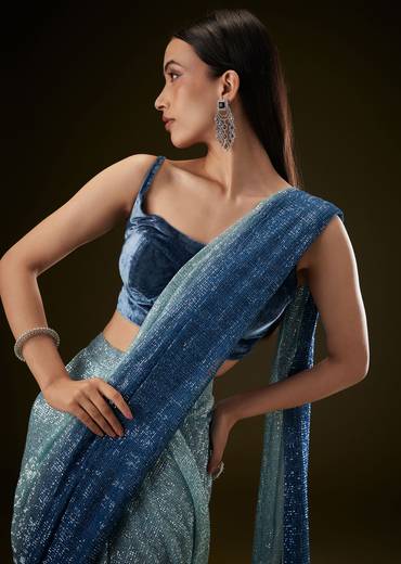 Teal Ombre Sequence Ready To Wear Saree With Velvet Blouse