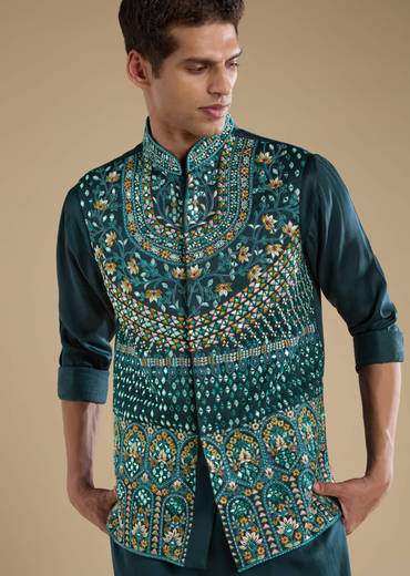 Teal Silk Jacket Kurta Set with Mirror Work