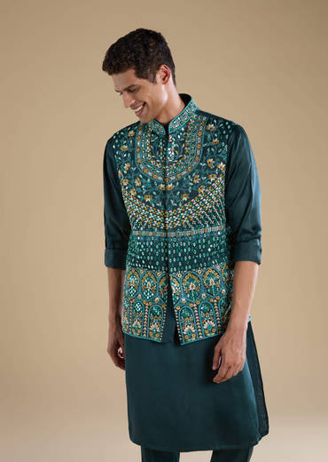 Teal Silk Jacket Kurta Set with Mirror Work